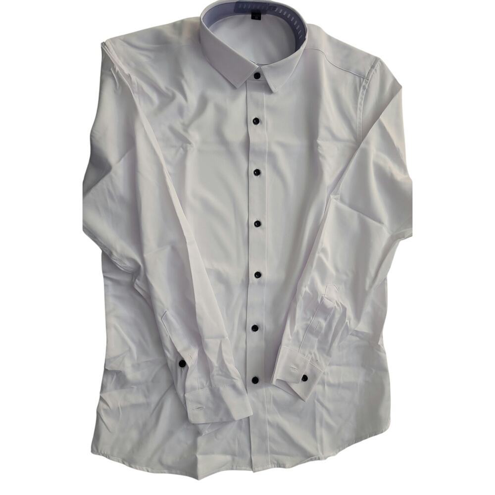 Men's White Dress Shirt Collared Black Buttons Size Medium